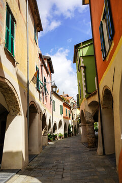 narrow street in old town Zuccarello, Savona, Italy