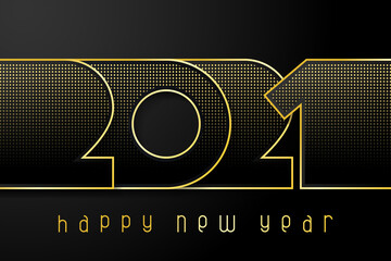 Happy New Year 2021 poster. Numbers cut out of black paper with gold. Winter holidays greeting or invitation. Vector illustration on black background.