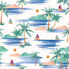 Stylish Hand painted and drawn summer island palm tree ,ocean ,wave ans boat seamless pattern vector,Design for fashion , fabric, textile, wallpaper, cover, web , wrapping