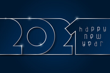 Happy New Year 2021 poster. Numbers cut out of blue paper with silver. Winter holidays greeting or invitation. Vector illustration on blue background.