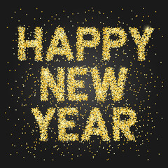 Happy New Year Banner with golden glittering text on black background. Greeting for flyers, postcards, posters, banners and social media.