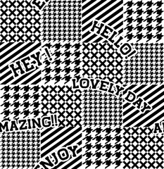 Modern pattern mix houndstooth,diagonal stripe,and cross line with positve greeting text semaless pattern 
vector,Design for fashion , fabric, textile, wallpaper, cover, web , wrapping