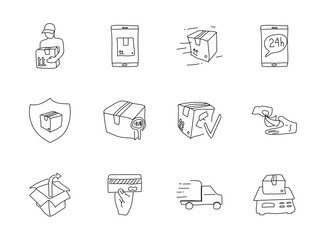 delivery doodles isolated on white. delivery icon set for web design, user interface, mobile apps and print