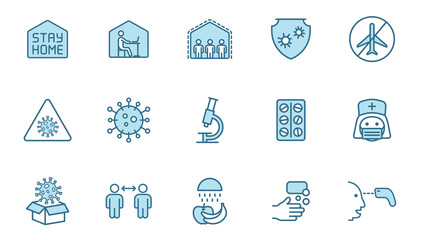 coronavirus outline vector icons in two colors isolated on white. 2019-ncov coronavirus pandemic blue icon set for web and ui design, mobile apps and print products