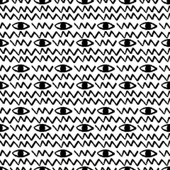 Grunge pattern with black and white eyes. Minimal hand drawn background for fabric or wall paper. Repeating pattern for textile design.