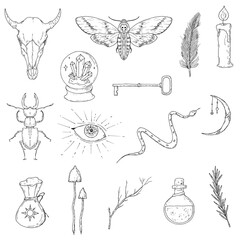 Magical occult elements. Vector set of witchcraft accessories. Isolated objects.