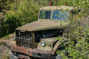 Old rusty soviet vintage heavy big truck closeup