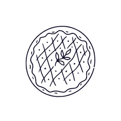 Pie icon. Homemade bakery logo in line art. Top view.