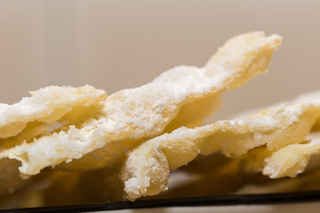 traditional sweet crisp pastry, deep fried for Carnaval, Italian chiacchiere 