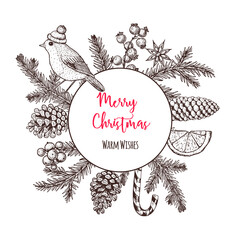 Fototapeta premium Christmas greeting card. Hand drawn illustration. Vector illustration. Christmas invitation design template. Design collection.