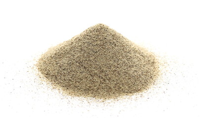 Ground white pepper powder pile, peppercorn isolated on white background