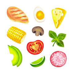 Set with images of food isolated on white background. Drawn by hand in gouache.