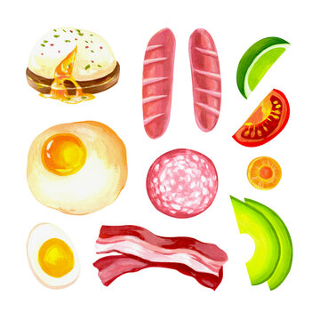 Set with images of food isolated on white background. Drawn by hand in gouache.