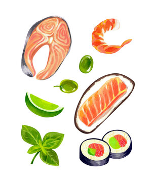 Set with images of food isolated on white background. Drawn by hand in gouache.