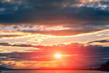 Seascape. Sunset sky over the sea. Lofoten, Norway
