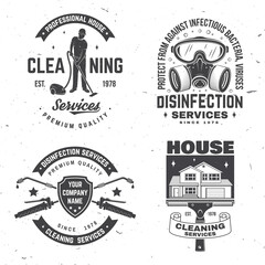 Disinfection and cleaning services badge, logo, emblem. Vector. For professional disinfection and cleaning company. Vintage typography design with disinfectant worker and sprayer