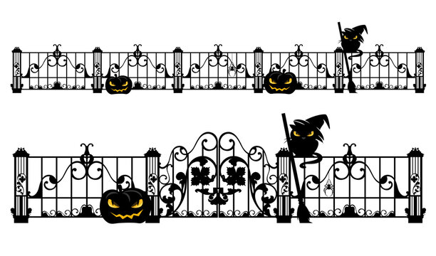 halloween theme editable vector design set of antique gate and fence with jack o lantern pumpkin, witch cat and spider