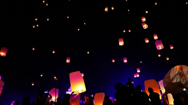 Sky lanterns, flying lanterns, floating lanterns, hot-air balloons Loy Krathong Festival in Chiang Mai Thailand.