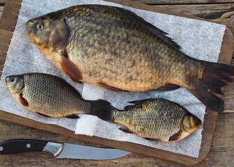 Russian river fish on a wooden background.Big and small crucian carp ready for cutting.