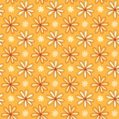 Floral seamless pattern in yellow and orange colors. Camomiles seamless background for textile design. Pattern with tiny shiny flowers.