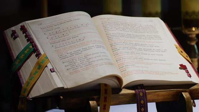 Wonderfully Beautiful Traditional Christian Church Bible Altar Laying Open Colored Ribbons, Close Up Camera Pan, Jesus Would be Proud