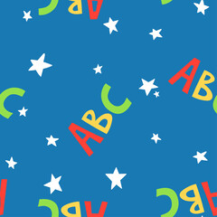 Seamless childish background with letters abc and stars. Vector simple colorful texture