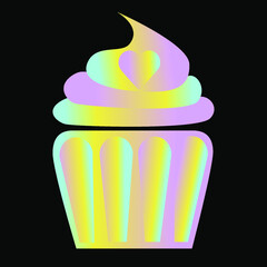 Vector rainbow gold cupcake with heart. Cupcake golden icon isolated on black background for bakery logo, invitations, greeting cards, business card 