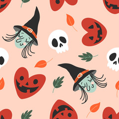 Fototapeta premium Halloween vector seamless background with pumpkins in heart shape, witch and scull. Lovely funny spooky texture for halloween holidays