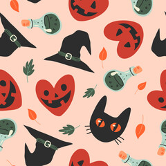 Halloween vector seamless background with pumpkins in heart shape, witch hat, spell and black cat. Lovely funny spooky texture for halloween holidays