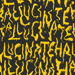 Seamless pattern abstract with hand lettering word hallucinate. Psychedelic trendy fashion pattern in black and yellow colors. Vector design