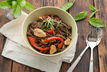buckwheat spaghetti with meat and vegetables