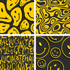 Collection of 4 vector trendy patterns with smileys. Hippie indi textures with happy trippy emoji. Psychedelic liquid backgrounds