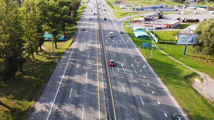 Top view of the highway in the city with cars. 01 October 2020, Minsk Belarus