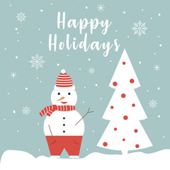 Vector festive card with greetings. Illustration with christmas tree, snowman and snowflakes.