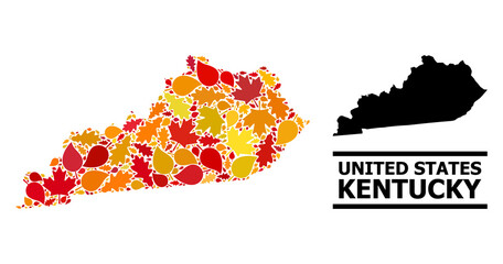 Mosaic autumn leaves and usual map of Kentucky State. Vector map of Kentucky State is designed with random autumn maple and oak leaves. Abstract territory plan in bright gold, red,