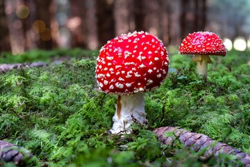 Rote Fliegenpilze auf moosigem Waldboden