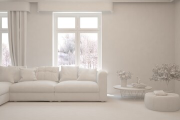 White living room with sofa and winter landscape in window. Scandinavian interior design. 3D illustration