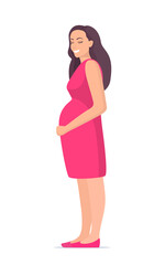 Cute pregnant woman standing and holds hands the big belly. Happy beautiful pregnant woman character. Girl expecting a baby. Maternity concept. Vector Illustration.