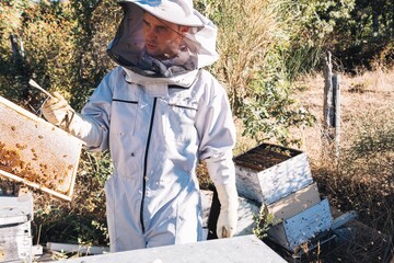 young beekeeper carrying a honeycomb full of delicious honey