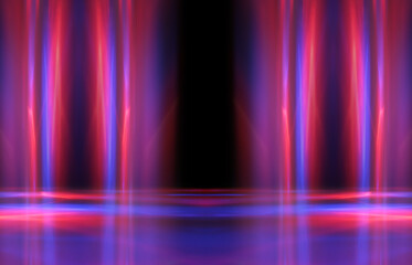 Dark abstract background. Neon multicolored glow. Night party, laser show. Empty concert stage background, reflection of spotlight light.