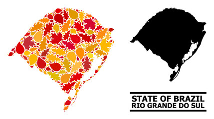 Mosaic autumn leaves and solid map of Rio Grande do Sul State. Vector map of Rio Grande do Sul State is made from randomized autumn maple and oak leaves. Abstract territorial plan in bright gold, red,