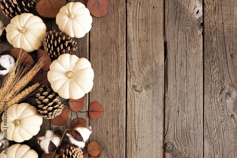 Poster fall side border of white pumpkins with muted brown autumn decor. top view on a rustic dark wood bac