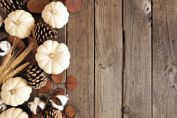 Fall side border of white pumpkins with muted brown autumn decor. Top view on a rustic dark wood...