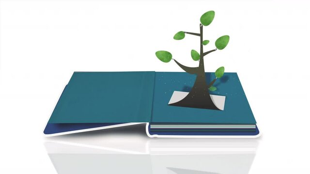 Education Pop up book is opened and paper folding tree stands up. Climate protection - dangers from climate change. Eco and environment concept. On Black and White Background.