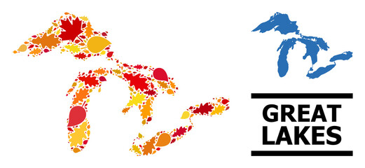 Mosaic autumn leaves and solid map of Great Lakes. Vector map of Great Lakes is formed with random autumn maple and oak leaves. Abstract territory plan in bright gold, red,