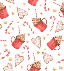 Merry Christmas and Happy New Year illustration. Watercolor illustration biscuits, Santa, girl, christmas tree, hot chocolate, sweets, gingerbread, gold, lettering