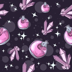 Occult and wiccan seamless pattern with alchemy objects. Pink poison bottle and amethyst, repetitive background for Halloween.