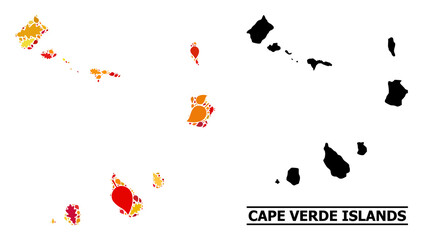 Mosaic autumn leaves and solid map of Cape Verde Islands. Vector map of Cape Verde Islands is made with random autumn maple and oak leaves. Abstract territorial scheme in bright gold, red,
