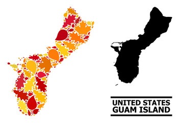 Mosaic autumn leaves and solid map of Guam Island. Vector map of Guam Island is done with randomized autumn maple and oak leaves. Abstract geographic scheme in bright gold, red,