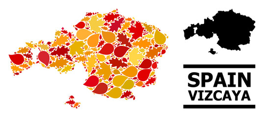 Mosaic autumn leaves and usual map of Vizcaya Province. Vector map of Vizcaya Province is composed of scattered autumn maple and oak leaves. Abstract geographic scheme in bright gold, red,